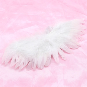 Detailed view of white feather wings accessory on soft pink fabric for dolls