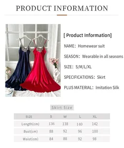Detailed size chart for elegant silk-like long nightgown with lace V-neck detail