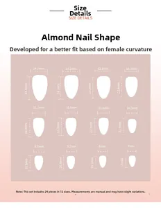 Size chart detail for almond press-on nails featuring twelve unique dimensions in millimeters