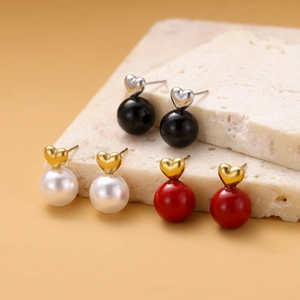 French vintage heart stud earrings set with white black and red pearls on stone