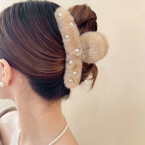 Grande pince à cheveux en peluche kaki avec perles, accessoire de mode élégant