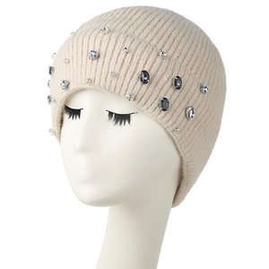 Thick beige ribbed knit beanie for women decorated with sparkling rhinestones and gems