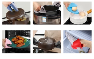 Shark-shaped silicone oven mitts shown in multiple colors for heat protection in kitchens