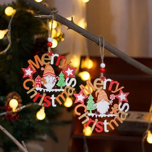 Hollow wooden Christmas tree ornaments with Merry Christmas engraving and warm LED lights