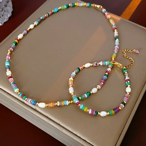 Colorful Seed Bead Artificial Baroque Pearl Necklace And Bracelet Copper 18K Gold Plated Bohemia Style Fashion Jewelry For Women
