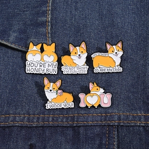 Lot de 5 pins en émail Corgi avec citations mignonnes sur fond de denim bleu