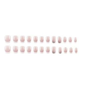 24pcs French nude pink press-on nails with white tips and silver glitter accents