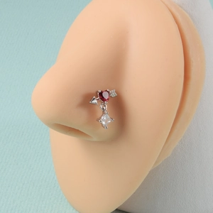 Stainless steel nose stud with red heart and arrow design plus clear zircon dangle