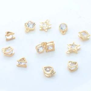 Golden zinc alloy charms with clear zircon in heart star and geometric shapes set