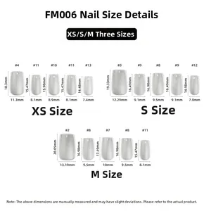 Size chart detail for FM006 bamboo press-on nails in XS, S, and M dimensions