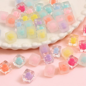 Mixed macaron color cube beads with round cores in frosted acrylic for DIY jewelry making