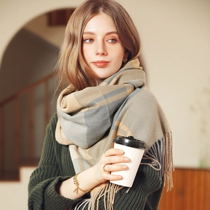 Elegant plaid cashmere-feel scarf with tassels for winter, soft warm shawl style