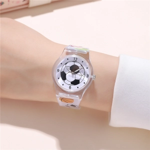 Wrist shot of children's quartz watch featuring football dial and transparent printed strap