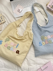 Cute Korean style plaid tote bags with colorful letter embroidery in yellow and blue