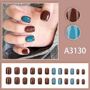 Short square press-on nails in deep brown and cyan blue set of 24 pieces A3130