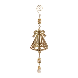 Golden iron Christmas tree bell ornament with bow and crystal water drop pendant