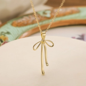Minimalist Copper Gold Plated Ribbon Bow Pendant Necklace For Women INS Style Fashion Jewelry Polished Bowknot Clavicle Chain