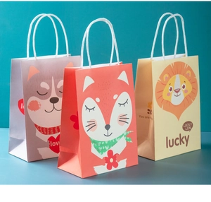 Cartoon animal gift bags with fox and lion prints and durable white rope handles