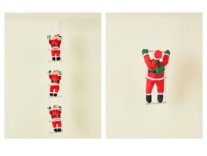 Detail showing two sizes of Santa Claus climbing ladder hanging ornaments for Christmas