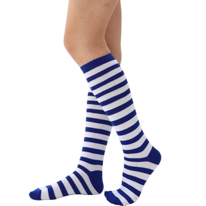 Close-up of blue and white striped knee high cotton socks shown on leg from side view