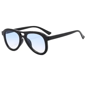 Fashionable oversized double bridge sunglasses with black frames and light blue lenses