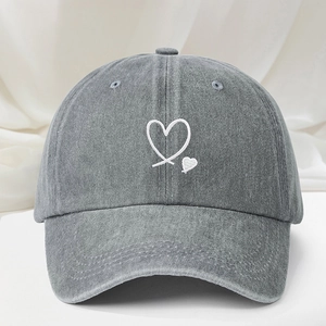 Adjustable washed denim baseball cap with heart embroidery and breathable mesh holes