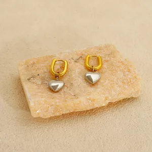 Boucles D'oreilles Créoles Pendentif Coeur Plaqué Or 18K Acier Inoxydable 304 Bicolore Style INS Pour Femmes
