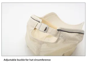 Détail de la boucle en métal réglable et bande réfléchissante sur casquette respirante