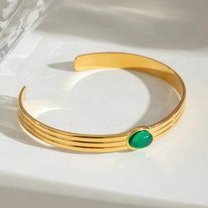 Elegant gold stainless steel cuff bracelet with green agate stone and textured design