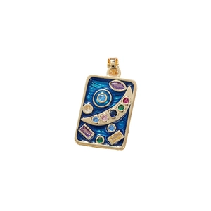 Gold rectangular tarot pendant with blue enamel, star moon design and colorful gemstones