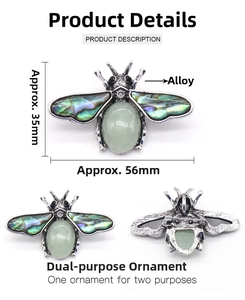 Detailed views of a vintage bee brooch with green stone and abalone shell wings