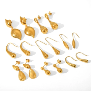 Minimalist 18K gold plated stainless steel teardrop and geometric stud earrings set