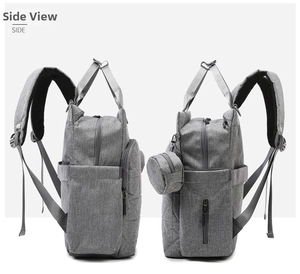 Dual side views of the gray waterproof multi-functional diaper backpack with side pocket details