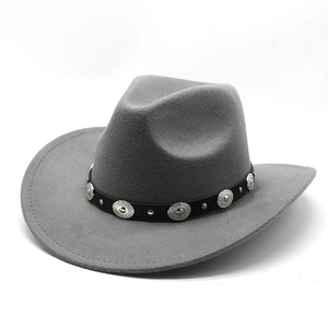 Detail of grey wool felt cowboy hat with vintage silver metal conchos on black leather belt