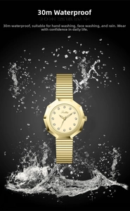 Detail of Scottie gold watch showing 30m water resistance with dynamic water splashes