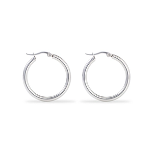 Detailed view of polished silver stainless steel hoop earrings with glossy finish