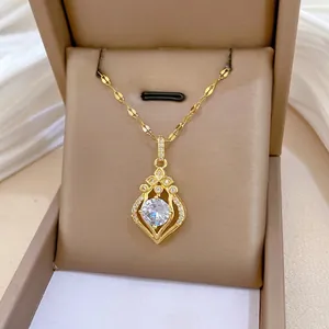 Elegant Palace Waterdrop Zircon Pendant Necklace With Stainless Steel Chain Copper Micro Inlay Jewelry For Women