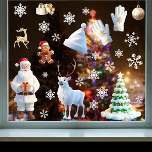 3D Christmas snowman window static stickers set with Santa and reindeer decor