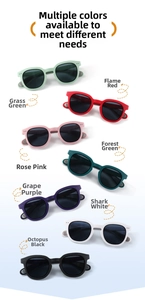Detail showing seven color variants of kids retro round polarized sunglasses with matte frames