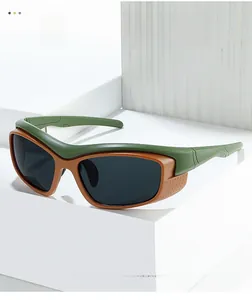 Macro detail of olive green sports sunglasses frame with protective side shield