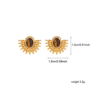 Detailed dimension shot of bohemian gold studs with tiger eye stones weighing 3.2g