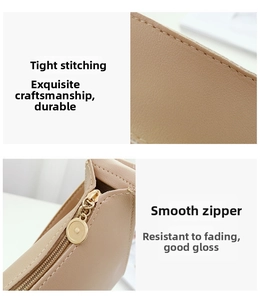 Close-up of tight stitching and smooth metal zipper on beige leather shoulder bag