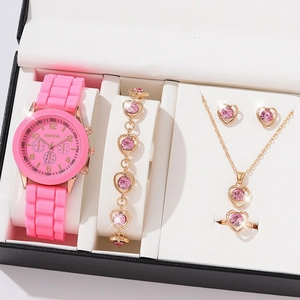 Pink quartz watch and 5-piece heart jewelry set in a premium gift presentation box