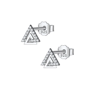 Close-up of geometric triangle stud earrings in 925 sterling silver with cubic zirconia