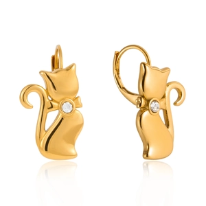 Golden cat drop earrings with sparkling rhinestones in polished 316 stainless steel