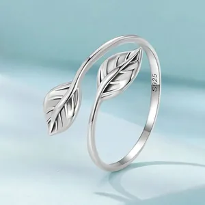 Adjustable S925 sterling silver leaf ring with detailed double leaf design for women