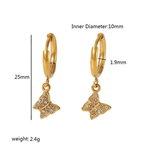 18K gold stainless steel butterfly earrings with white zircon paving and dimensions