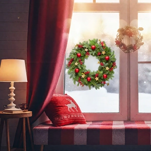 Close-up of a Christmas wreath with red berries and gold stars on a snowy window