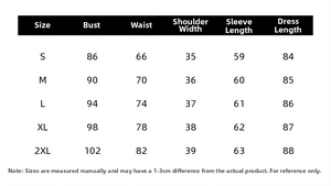 Detailed size chart for the V-neck printed dress showing bust, waist, and length measurements