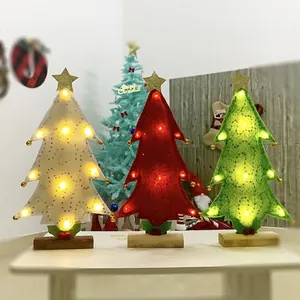 Mini LED Tabletop Christmas Tree Felt Fabric Desktop Ornament With Wooden Base Star Topper For Holiday Home Office Decoration